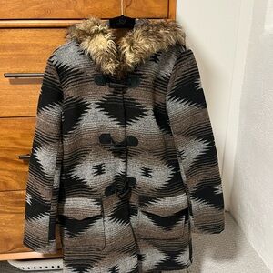 BB Dakota southwestern Patterned Coat with Faux Fur Hood